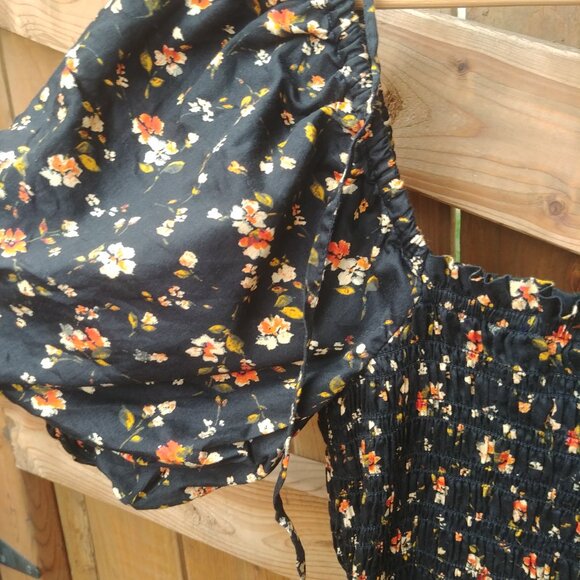 Gap black floral print 100% cotton smocked dress square neckline puffy s… - Picture 5 of 14